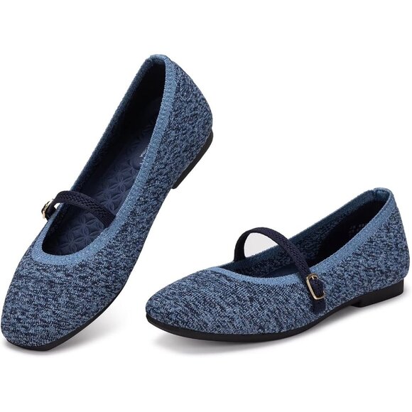 Frank Mully Mary Jane Women Blueb Mesh Slip on Square-Toe Ankle Strap Flat Shoes - Picture 2 of 7